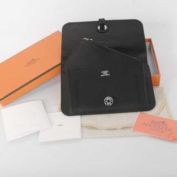 High Quality Hermes Compact Passport Holder Smooth Leather Wallet Black Fake